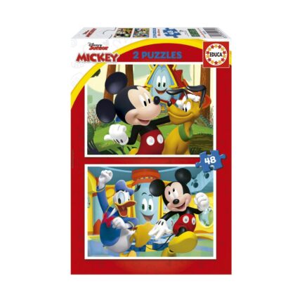 Пъзел 2 в 1 Mickey Mouse Забавна къща, 2 x 48 части, Educa: червена кутия с Мики и Плуто в прегръдка пред усмихната постройка с лице и с Доналд и Мики в танц сред жълто-синя стая.