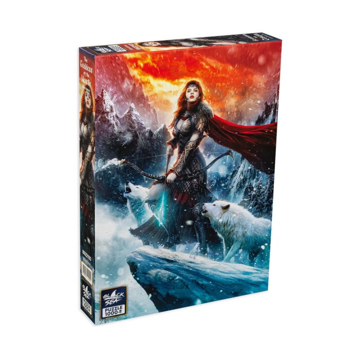 pazel-boginyata-na-severa-1000-chasti-black-sea-1500 Пъзел Богинята на Севера, 1000 части, Black Sea: кутия с воителка с червено наметало и лък сред снежни върхове, бели вълци и огнено небе.