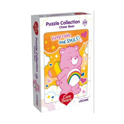 Пъзел Care Bears Cheer, 250 части, Lisciani: бяла кутия с розово мече с дъга на коремчето върху оранжев фон със звездички и надпис „Keep calm and SMILE!“.