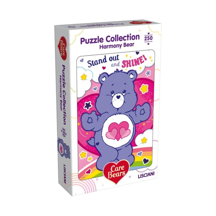 pazel-care-bears-harmony-250-chasti-lisciani-1500 Пъзел Care Bears Harmony, 250 части, Lisciani: бяла кутия с лилаво мече с две розови сърца на коремчето върху розово-лилав фон и надпис „Stand out and SHINE!“.