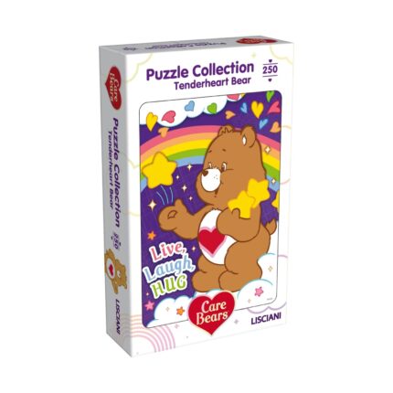 Пъзел Care Bears Tenderheart, 250 части, Lisciani: бяла кутия с кафяво мече с червено сърце на коремчето, дъга и цветни сърчица на лилав фон и надпис „Live, Laugh, Hug“.