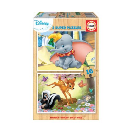 Пъзел Дъмбо и Бамби 2х16 части, Educa: кутия Disney със слончето с жълта шапчица и големи розови уши и със сърничето, скачащо над дънер до скункс и зайче сред пеперуди.