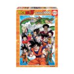Пъзел Dragon Ball 1000 части, Educa: оранжева кутия с йероглифи по рамката и зеления дракон Шенрон над Гоку, Вегета, Пиколо и Булма с цялата им дружина.