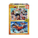Пъзел Dragon Ball 2х100 части, Educa: оранжево-жълта кутия с Гоку, Вегета и голяма група герои на първата картина и с летящите бойци над облаците на втората.