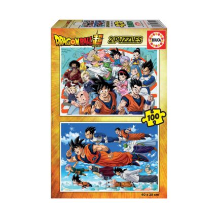 Пъзел Dragon Ball 2х100 части, Educa: оранжево-жълта кутия с Гоку, Вегета и голяма група герои на първата картина и с летящите бойци над облаците на втората.