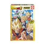 Пъзел Dragon Ball 500 части, Educa: жълта кутия с Гоку и Вегета със златисти щръкнали коси в атака, а зад тях летят Пиколо в бяло наметало и още бойци.