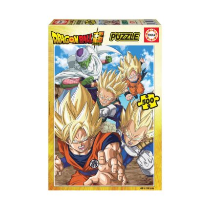 Пъзел Dragon Ball 500 части, Educa: жълта кутия с Гоку и Вегета със златисти щръкнали коси в атака, а зад тях летят Пиколо в бяло наметало и още бойци.