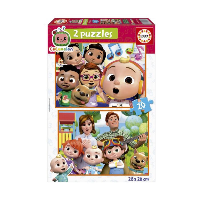 PACK 2x48 LADYBUG Пъзел Кокомелон 2 x 20 части, Educa: бяло-червена кутия с усмихнато бебе със слушалки сред деца и кученце и със семейство с китара пред детска площадка.
