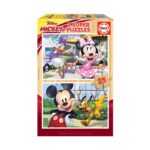 Пъзел Мики и приятели 2х25 части, Educa: кутия Disney Junior с Мини в розова рокля на точки и Дейзи пред кафене и с усмихнатия мишок и Плуто в парка.