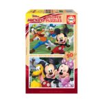 Пъзел Мики и приятели 2х50 части, Educa: кутия Disney Junior с Гуфи и Доналд на поляна и с Плуто, мишока и Мини с розова панделка, долепили бузи един до друг.