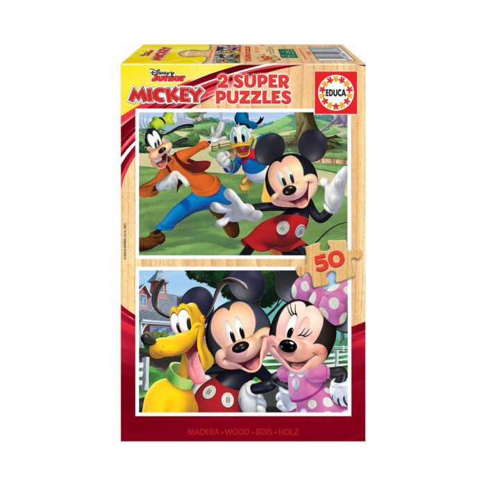 18880 2x50 MICKEY & FRIENDS PACK_v3 Пъзел Мики и приятели 2х50 части, Educa: кутия Disney Junior с Гуфи и Доналд на поляна и с Плуто, мишока и Мини с розова панделка, долепили бузи един до друг.