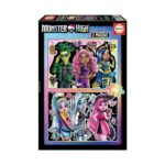Пъзел Monster High 2 x 100 части, Educa: черна кутия „2 Puzzles“ с момче със змии вместо коса и зелено яке, розовокоса върколачка и момиче с черно-сини кичури на горната картина и с три приятелки с пъстри прически на долната.