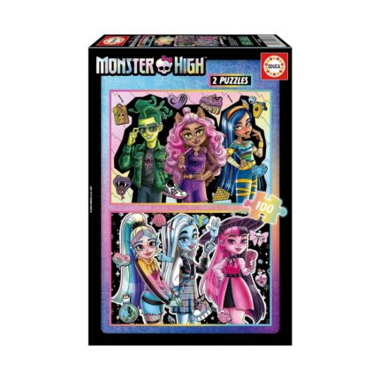 Пъзел Monster High 2 x 100 части, Educa: черна кутия „2 Puzzles“ с момче със змии вместо коса и зелено яке, розовокоса върколачка и момиче с черно-сини кичури на горната картина и с три приятелки с пъстри прически на долната.