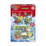 Пъзел Неща 2 x 100 части, Educa: червено-синя кутия „SuperThings Kazoom Kids“ с летящ отбор от парче пица и фигурки в пелерини и с роботи и герой със светкавица на втората картина.