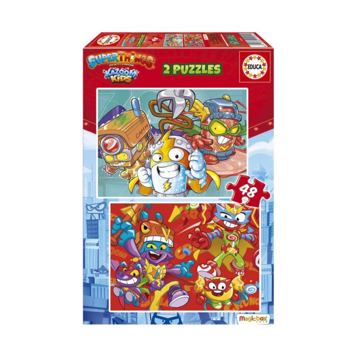 19204 2X48 SUPERTHINGS FRONT PACK Пъзел Неща 2 x 48 части, Educa: червена кутия „SuperThings Kazoom Kids“ с бяла фигурка със светкавица до роботи с щипка и с маскирани герои сред бонбони на червен фон.