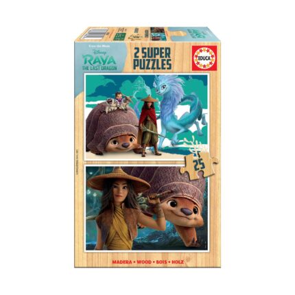 Пъзел Рая и последният дракон 2х25 части, Educa: кутия Disney с героинята между огромния Тук Тук и синьо-бялата Сису, а на втората е с широкопола шапка и меч до него в гората.