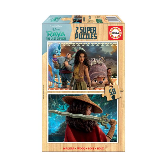 pazel-raya-i-posledniyat-drakon-2h50-chasti-educa-1500 Пъзел Рая и последният дракон 2х50 части, Educa: кутия Disney с героинята пред синята Сису, великана Тонг и Тук Тук, а на втората картина е с широкопола шапка и меч на рамото.