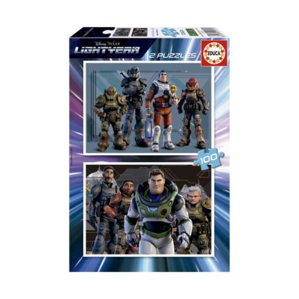 Пъзел за деца Светлинна година, 2 х 100 части, Educa: кутия „Lightyear“ с отряд в бронирани костюми около космонавт в оранжев скафандър и екипаж в бяло-зелени костюми до цифрата 100.