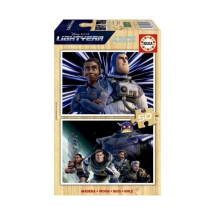 Пъзел за деца Светлинна година, 2 х 50 части, Educa: кутия „Lightyear“ с пилотка и космонавт на фон от светлинни лъчи, екипаж пред огромен лилав робот и цифрата 50.