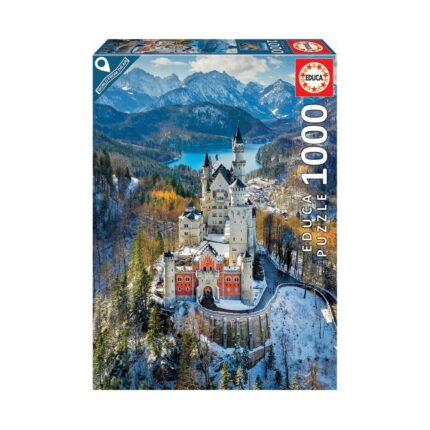 Пъзел Замъкът Neuschwanstein 1000 части, Educa: кутия с бял замък с кули сред есенна гора, езеро и заснежени планини.