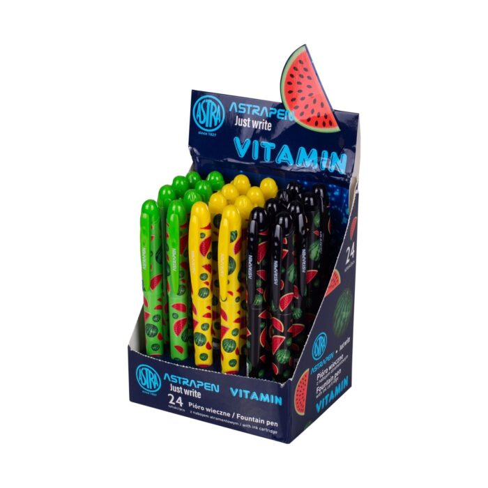 pisalka-vitamin-astra-1500 Писалка Витамин, Astra: тъмносин щанд „Astrapen Vitamin“ с изправени писалки на шарка с резенчета диня в зелен, жълт и черен вариант.