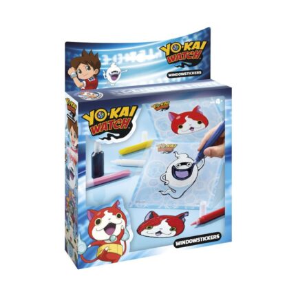 Писалки за стъкло Yo Kai Watch, Totum: синя кутия „Windowstickers“ с червен котарак и бял призрак, очертани върху прозрачно фолио, тъмна тубичка контур и цветни тубички боя.