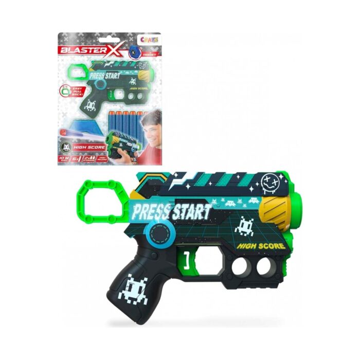pistolet-sas-streli-blaster-guns-nano-craze-1500 Пистолет със стрели Blaster Guns Nano, Craze: черно-тюркоазен бластер със зелена скоба, надписи „Press Start“ и „High Score“ и пикселни извънземни пред опаковка „Blaster X“ със сини стрелички.