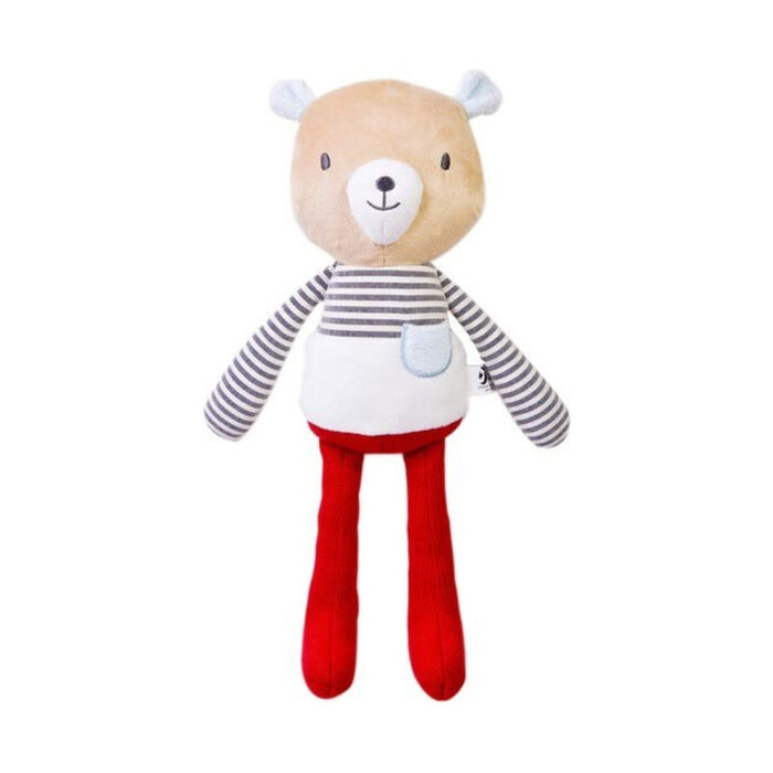 plyushena-igrachka-za-gushkane-bili-classic-world-1500 Плюшена играчка за гушкане Били, Classic World: плюшена играчка Били във вид на мече с бежова глава, раирани в сиво и бяло дълги ръце, бяло телце с джобче и червени крачета.
