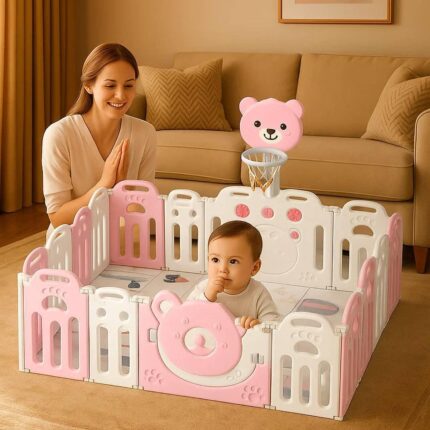 Сгъваема бебешка ограда 2 в 1 розово мече, Feelkids