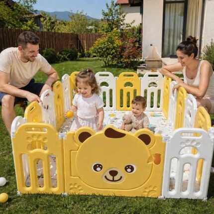 Сгъваема бебешка ограда Sunny Bear жълто бяла, Feelkids