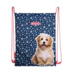 Спортна чанта AD1 Cute Puppy, Astra: тъмносиня торба на бели лапички и розови сърчица с коралови връзки и голямо пухкаво бежово кученце с изплезен език.