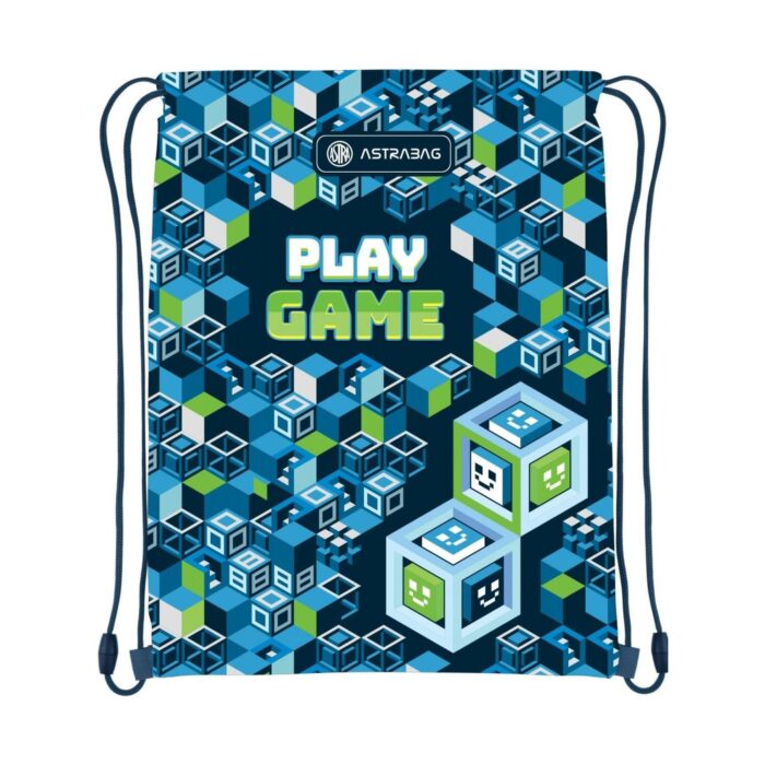 sportna-chanta-play-game-44-x-33-sm-astra-1500 Спортна чанта Play Game, 44 x 33 см, Astra: торба на синьо-зелени изометрични кубчета с усмихнати лица по някои от тях и тъмносини връзки, а под табелката „ASTRABAG“ стои бяло-зелен блоков надпис.