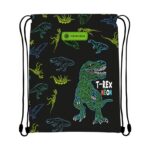 Спортна чанта T-Rex Neon, Astra: черна торба с черни връзки и пръснати жълти и сини контури на динозаври около голям зелен тиранозавър до надпис „T-REX NEON“.