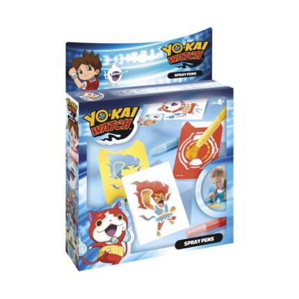 Спрей писалки Yo Kai Watch, Totum: синя кутия „Spray Pens“ с червен котарак долу, жълт и червен шаблон и картинка на огнен герой до момиче, което духа в маркер.