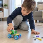 Дете играе със сглобената кола от STEM Конструктор Creator 10 в 1