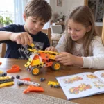 Момче и момиче сглобяват по инструкциите на STEM Конструктор Technik 5 в 1