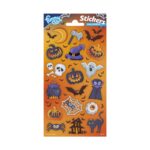 Стикери Halloween 20 броя, Totum: оранжев лист „Stickers Halloween“ с усмихнати тикви и прилепи, вещерска шапка и котел, вампир с черно наметало и черна котка до къщичка с духове.