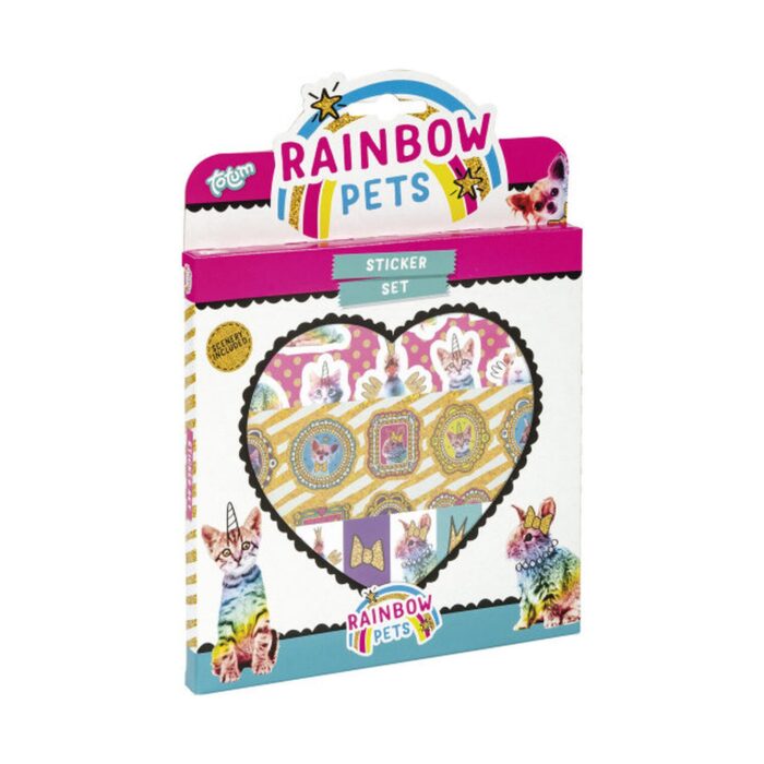stikeri-s-domashni-lyubimtsi-totum-1500 Стикери с домашни любимци, Totum: опаковка „Rainbow Pets“ с прозорче сърце към котенца с рог на еднорог в златисти рамки и котки в цветовете на дъгата по краищата.