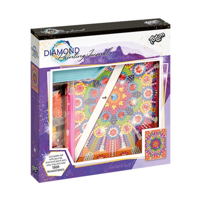 tetradka-s-diamanti-kaleidoskop-totum-1500 Тетрадка с диаманти Калейдоскоп, Totum: лилава кутия „Diamond Painting Journal“ с корица от концентрични шарени кръгове в оранжево, розово и синьо, писалка и пликчета с камъчета.