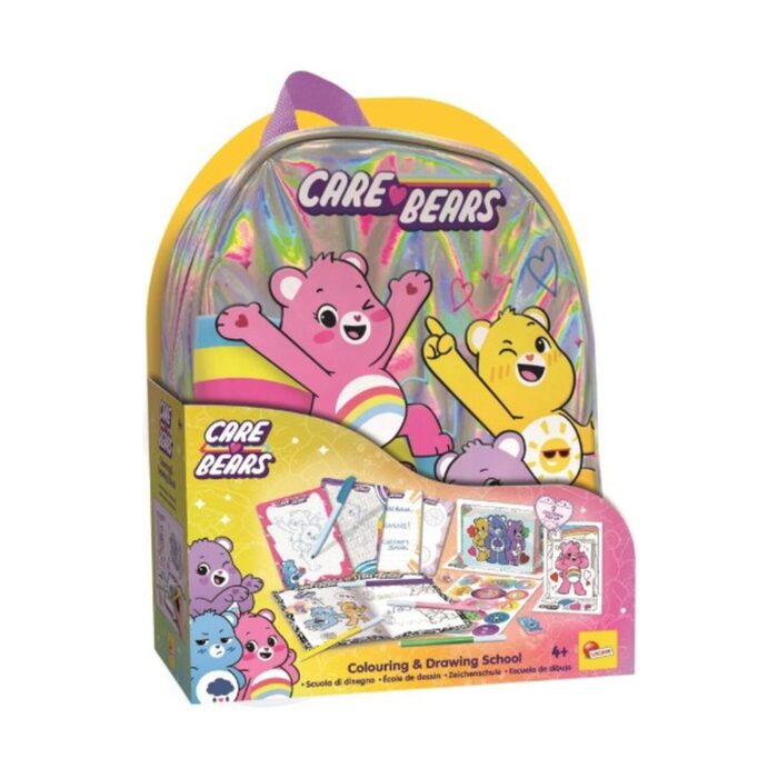 tvorcheski-komplekt-care-bears-2-v-1-ranitsa-s-komplekt-za-risuvane-lisciani-1500 Творчески комплект Care Bears 2 в 1 раница с комплект за рисуване, Lisciani: холографска прозрачна раничка с лилави презрамки и розово и жълто мече с вдигнати лапи, поставена в опаковка с листове за оцветяване и флумастери.
