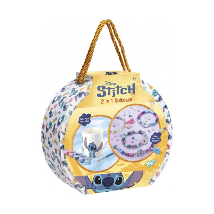 tvorcheski-komplekt-kufarche-stitch-napravi-si-sam-2-v-1-totum-1500 Творчески комплект куфарче Stitch Направи си сам 2 в 1, Totum: кръгла бяла кутия на дребни сини фигурки и златна шнурова дръжка, отпред бяла чаша със Стич и боички и нанизи от лилави и розови мъниста с пискюли.