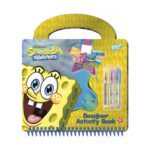 Творчески комплект SpongeBob Книжка с активности, Totum: жълт спирален бележник с дръжка и ухилен Спондж Боб, морска звезда с картинки от листовете, три гел химикалки и надпис „Designer Activity Book“.
