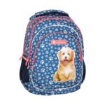 Ученическа раница AB330 Cute Puppy, 39 см, Astra: тъмносин модел на бели лапички и розови сърчица с рошаво кученце на предния джоб и коралови ципове.