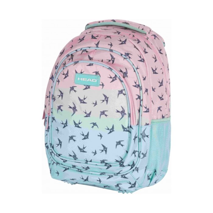 uchenicheska-ranitsa-ab330-tantsuvashti-lyastovitsi-39-sm-head-1500 Ученическа раница AB330 танцуващи лястовици, 39 см, Head: модел в пастелни ивици от розово до светлосиньо с тъмни птички в полет и ментова нашивка „HEAD“.