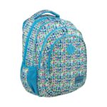 Ученическа раница HD 434, 45 см, Head: бял модел на пъстри стрелички в синьо, зелено и розово със сини ципове и мрежест страничен джоб.