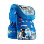 Ученическа раница PL 11 Playmobil Полиция, 28 см, Astra: син модел с полицейска сцена на капака, фигурки на полицаи и куче на предния джоб и значки „STOP“ и „POLICE“.