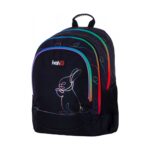 Ученическа раница Rainbow Bunny, 39 х 28 х 15 см, Hash: черен модел с ципове в преливащи дъгови цветове и контур на зайче от една блестяща линия, с малки сърчица по горната част и мрежест джоб.