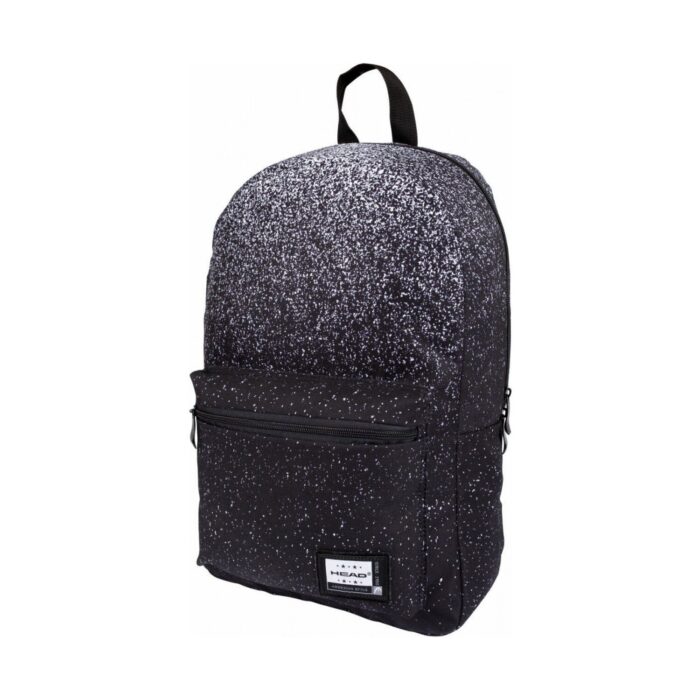 uchenicheska-ranitsa-s-edno-otdelenie-ab100-black-dust-2-40-sm-head-1500 Ученическа раница с едно отделение AB100 Black Dust 2, 40 см, Head: черен модел с избледняващи надолу бели пръски, преден джоб с цип и малка нашивка „HEAD“.