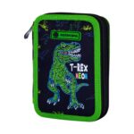 Ученически несесер T-Rex Neon, Astra: двоен черен калъф със зелен кант и сив цип, на лицето зелен тиранозавър с отворена уста до пъстрия надпис „T-REX NEON“ и табелка „ASTRABAG“.