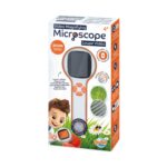 Видео увеличителен микроскоп Природа, Buki France: бяло-оранжева кутия „Video Magnifying Microscope“ с уред с голям квадратен екран и оранжеви бутони, кръгли увеличени кадри на лист и влакна и момче, което го насочва към червен мак.